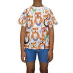 Cute Colorful Owl Cartoon Seamless Pattern Kids  Short Sleeve Swimwear