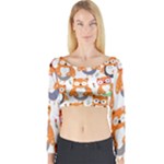 Cute Colorful Owl Cartoon Seamless Pattern Long Sleeve Crop Top