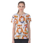 Cute Colorful Owl Cartoon Seamless Pattern Women s Cotton T-Shirt