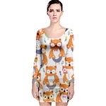 Cute Colorful Owl Cartoon Seamless Pattern Long Sleeve Bodycon Dress