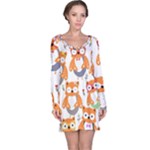 Cute Colorful Owl Cartoon Seamless Pattern Long Sleeve Nightdress