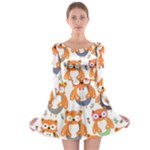 Cute Colorful Owl Cartoon Seamless Pattern Long Sleeve Skater Dress