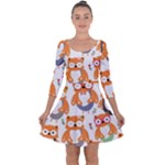 Cute Colorful Owl Cartoon Seamless Pattern Quarter Sleeve Skater Dress