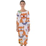 Cute Colorful Owl Cartoon Seamless Pattern Quarter Sleeve Midi Bodycon Dress