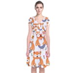 Cute Colorful Owl Cartoon Seamless Pattern Short Sleeve Front Wrap Dress