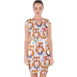 Cute Colorful Owl Cartoon Seamless Pattern Capsleeve Drawstring Dress 