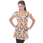 Cute Colorful Owl Cartoon Seamless Pattern Puff Sleeve Tunic Top
