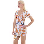 Cute Colorful Owl Cartoon Seamless Pattern Short Sleeve Asymmetric Mini Dress