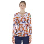 Cute Colorful Owl Cartoon Seamless Pattern V-Neck Long Sleeve Top