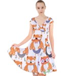 Cute Colorful Owl Cartoon Seamless Pattern Cap Sleeve Front Wrap Midi Dress