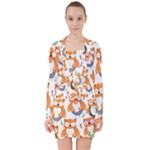 Cute Colorful Owl Cartoon Seamless Pattern V-neck Bodycon Long Sleeve Dress