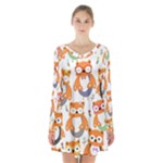 Cute Colorful Owl Cartoon Seamless Pattern Long Sleeve Velvet V-neck Dress
