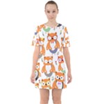 Cute Colorful Owl Cartoon Seamless Pattern Sixties Short Sleeve Mini Dress