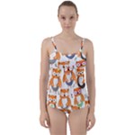 Cute Colorful Owl Cartoon Seamless Pattern Twist Front Tankini Set
