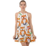 Cute Colorful Owl Cartoon Seamless Pattern Halter Tie Back Chiffon Dress