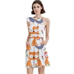 Cute Colorful Owl Cartoon Seamless Pattern Cocktail Party Halter Sleeveless Dress With Pockets