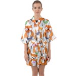 Cute Colorful Owl Cartoon Seamless Pattern Half Sleeve Satin Kimono 