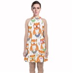 Cute Colorful Owl Cartoon Seamless Pattern Velvet Halter Neckline Dress 