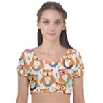 Cute Colorful Owl Cartoon Seamless Pattern Velvet Short Sleeve Crop Top 