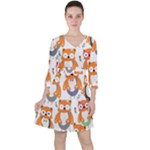 Cute Colorful Owl Cartoon Seamless Pattern Quarter Sleeve Ruffle Waist Dress