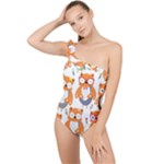 Cute Colorful Owl Cartoon Seamless Pattern Frilly One Shoulder Swimsuit