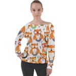 Cute Colorful Owl Cartoon Seamless Pattern Off Shoulder Long Sleeve Velour Top