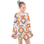 Cute Colorful Owl Cartoon Seamless Pattern Kids  Long Sleeve Dress