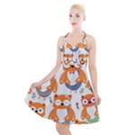 Cute Colorful Owl Cartoon Seamless Pattern Halter Party Swing Dress 