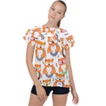 Cute Colorful Owl Cartoon Seamless Pattern Ruffle Collar Chiffon Blouse