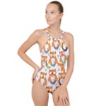 Cute Colorful Owl Cartoon Seamless Pattern High Neck One Piece Swimsuit