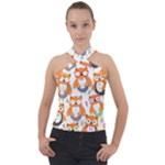 Cute Colorful Owl Cartoon Seamless Pattern Cross Neck Velour Top