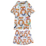Cute Colorful Owl Cartoon Seamless Pattern Kids  Swim T-Shirt and Shorts Set