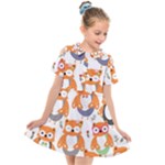 Cute Colorful Owl Cartoon Seamless Pattern Kids  Short Sleeve Shirt Dress