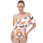 Cute Colorful Owl Cartoon Seamless Pattern Off Shoulder Velour Bodysuit 