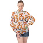 Cute Colorful Owl Cartoon Seamless Pattern High Neck Long Sleeve Chiffon Top