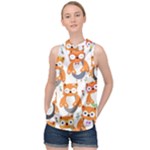 Cute Colorful Owl Cartoon Seamless Pattern High Neck Satin Top