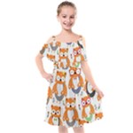 Cute Colorful Owl Cartoon Seamless Pattern Kids  Cut Out Shoulders Chiffon Dress