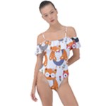 Cute Colorful Owl Cartoon Seamless Pattern Frill Detail One Piece Swimsuit