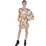 Cute Colorful Owl Cartoon Seamless Pattern V-Neck Flare Sleeve Mini Dress