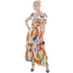 Cute Colorful Owl Cartoon Seamless Pattern Button Up Short Sleeve Maxi Dress