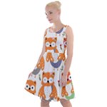 Cute Colorful Owl Cartoon Seamless Pattern Knee Length Skater Dress
