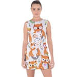 Cute Colorful Owl Cartoon Seamless Pattern Lace Up Front Bodycon Dress