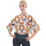 Cute Colorful Owl Cartoon Seamless Pattern Mock Neck T-Shirt