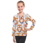 Cute Colorful Owl Cartoon Seamless Pattern Kids  Long Mesh T-Shirt