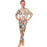 Cute Colorful Owl Cartoon Seamless Pattern Kids  Satin Long Sleeve Pajamas Set