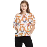 Cute Colorful Owl Cartoon Seamless Pattern One Shoulder Cut Out T-Shirt