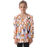 Cute Colorful Owl Cartoon Seamless Pattern Kids  V Neck Casual Top