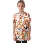 Cute Colorful Owl Cartoon Seamless Pattern Fold Over Open Sleeve Top