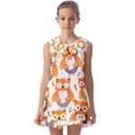 Cute Colorful Owl Cartoon Seamless Pattern Kids  Pilgrim Collar Ruffle Hem Dress