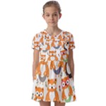 Cute Colorful Owl Cartoon Seamless Pattern Kids  Short Sleeve Pinafore Style Dress